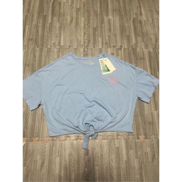 Reel Life Women's Ocean Washed Rainbow Bus Tie Front T-Shirt - Heritage Blue L - Picture 1 of 5
